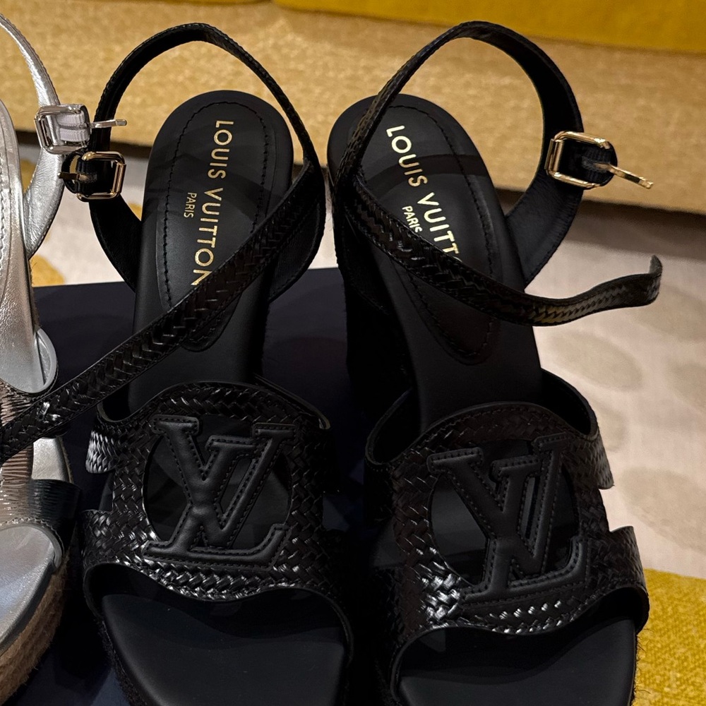 Louis Vuitton Black and Silver Wedge Sandals
